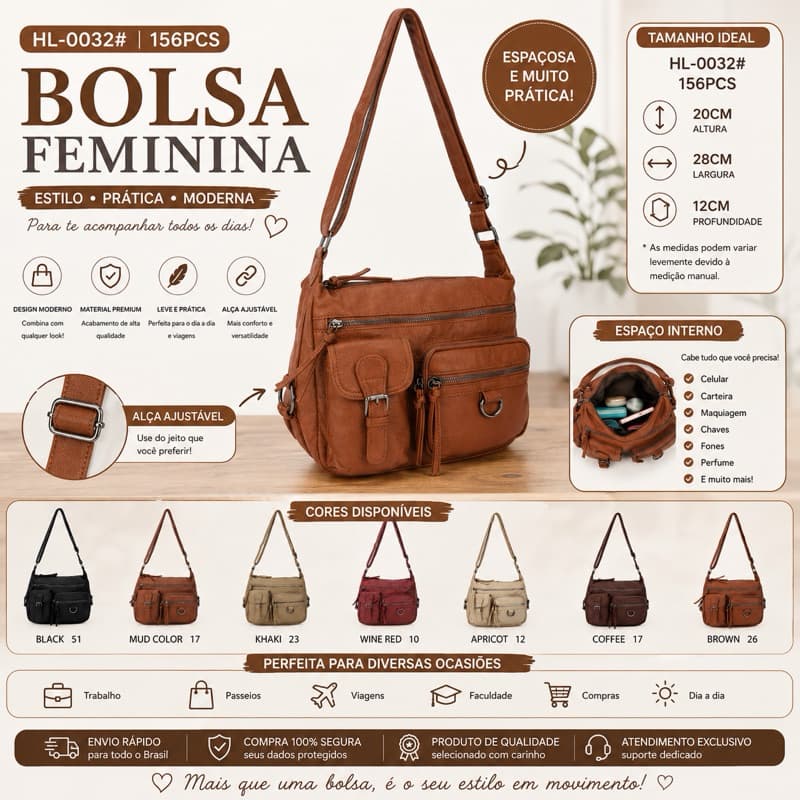 Bolsa Feminina Transversal Multi Bolsos | Alça Ajustável | Bolsa de Ombro Casual Grande Capacidade HL0032