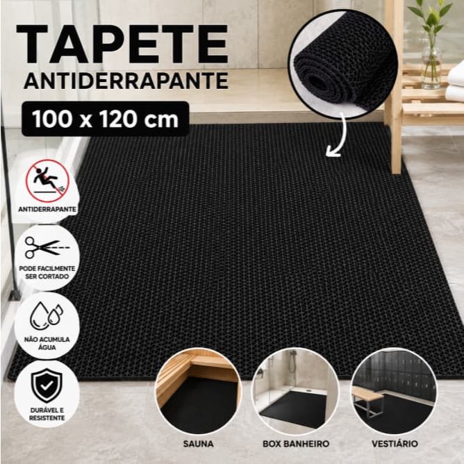 Tapete Antiderrapante Preto 100x120 PVC Vazado para Banheiro Box Piscina Sauna Cozinha