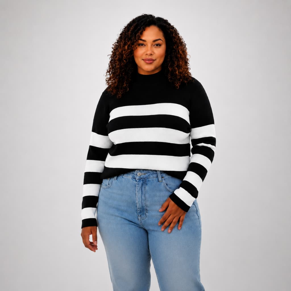 Blusa de Frio Básica Listrada Manga Longa Cacharrel Tricô Gola Alta Feminina