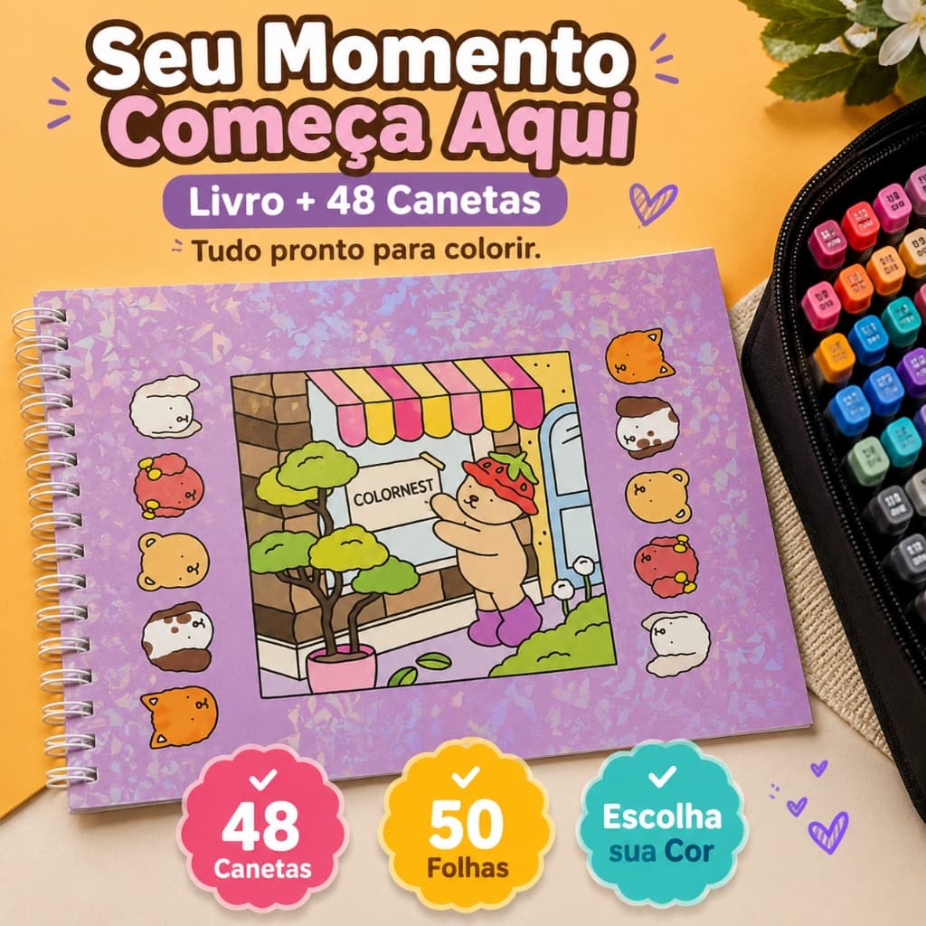 Kit Livro de Colorir Cute + 48 Canetas Coloridas | Livro para Colorir 50 Folhas | ColorNest™ | Escolha a Cor