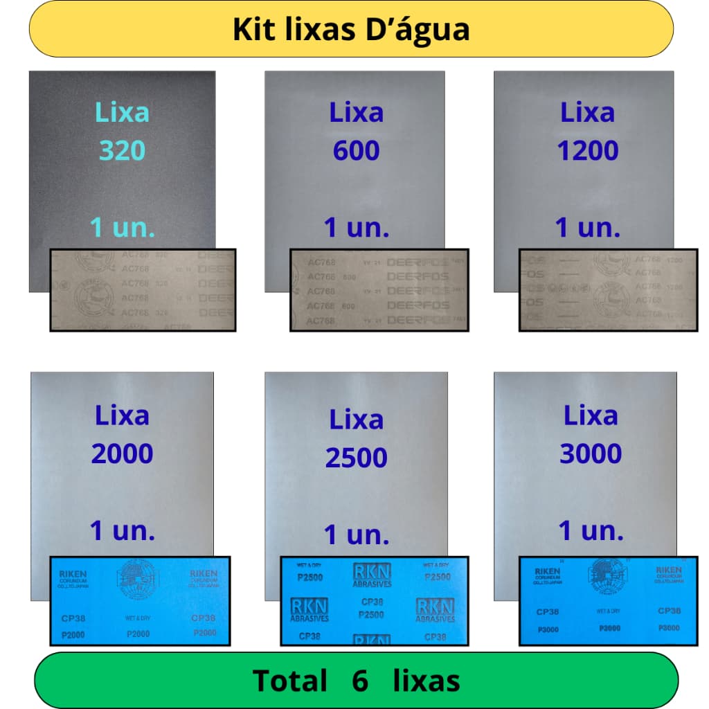 Kit Lixas 320 600 1200 2000 2500 3000 Kit 1 Cada Funilaria Polimento Pintura Farol Plásticos Fibras