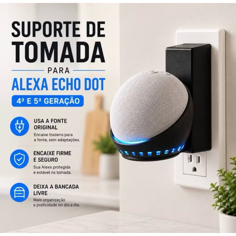 Suporte Alexa Echo Dot 4 e 5 Geração para Tomada | Sem Fios Aparente | Instalação Fácil | Acabamento Premium