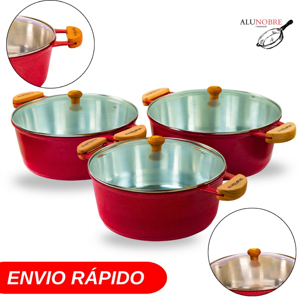 Jogo 3 Panelas Grande Vermelho Alumínio Fundido Tampa de Vidro 26,28 e 30 cm