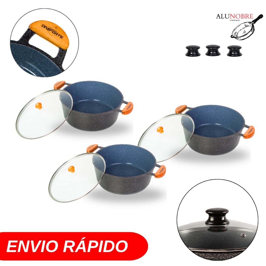 Kit 3 Caçarola Ceramica Preta Alumínio Fundido n 16 com Tampa de Vidro