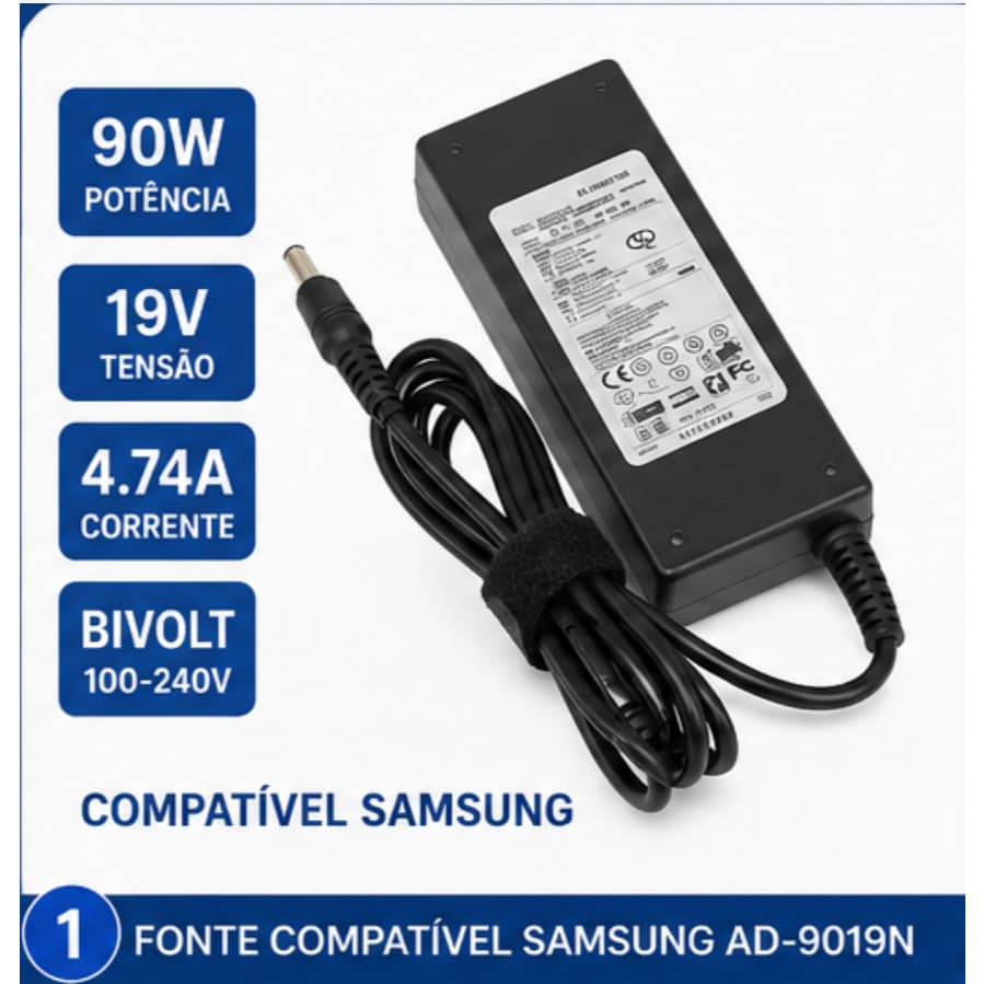 Fonte Carregador Compatível Samsung AD-9019N Notebook 19V 4.74A 90W Plug 5.5×3.0mm Bivolt