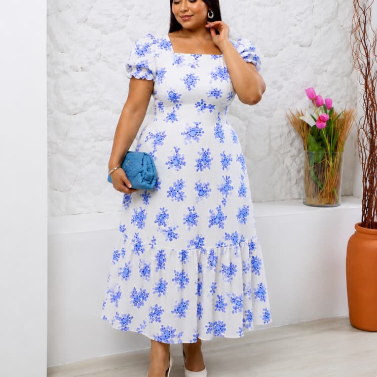 Vestido Feminino Florido Gola Quadrada Com Mangas Princesa Ajustável Elegante Romântico Tamanho Único Veste 46-48