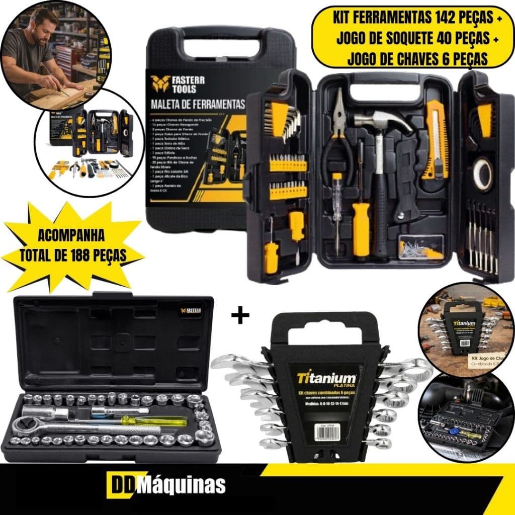 Kit Chave Combinada Com 6 Peças + Kit com 142 Peças + Maleta + Jogo de 40 Soquetes - Fasterr