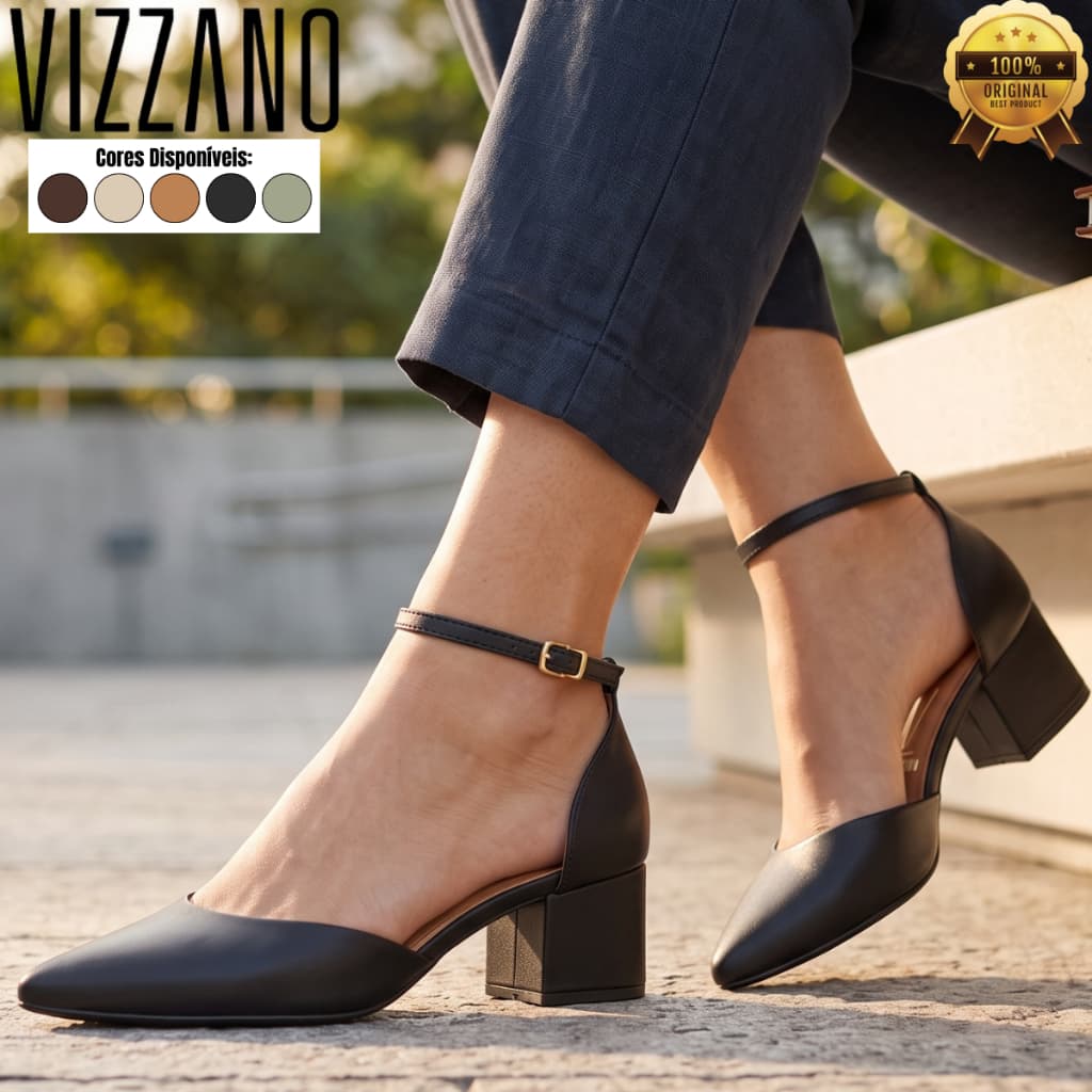 Scarpin Vizzano Salto Médio Bloco Tornozeleira Sapato Feminino Social Salto Bico Fino Original