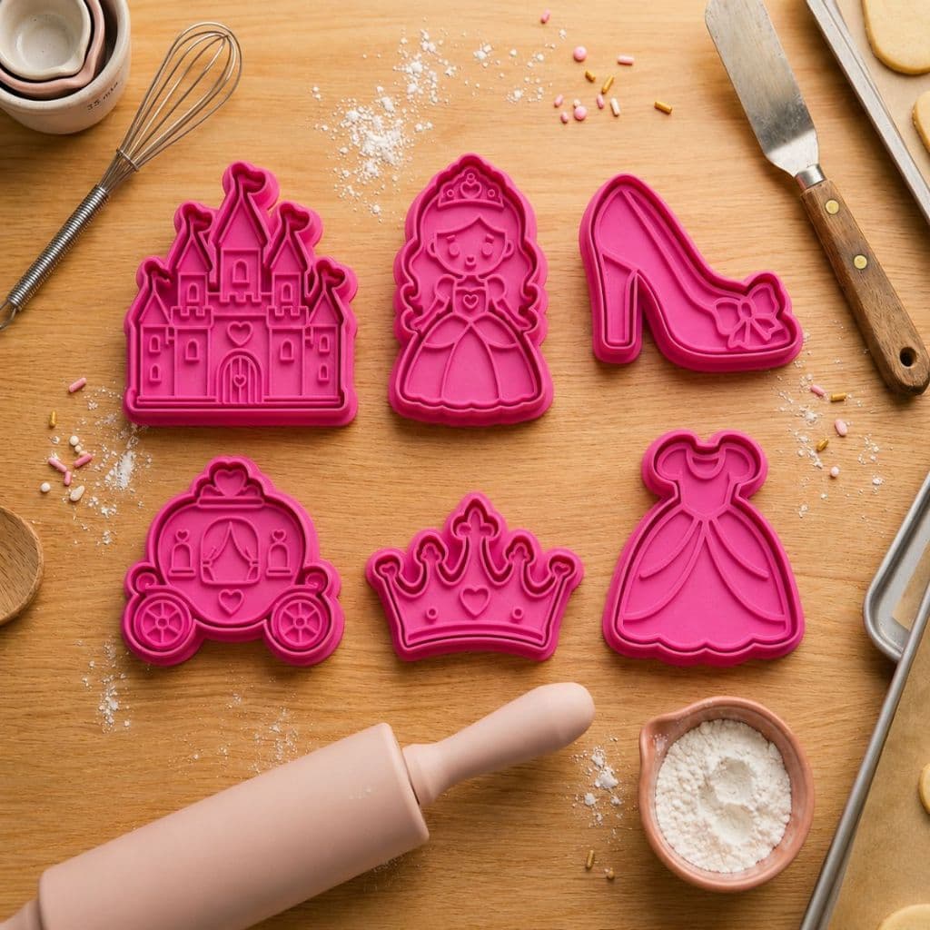 Kit 6 Cortadores e Marcadores de Biscoito Princesa Castelo Carruagem Coroa Pasta Americana Sapatinho