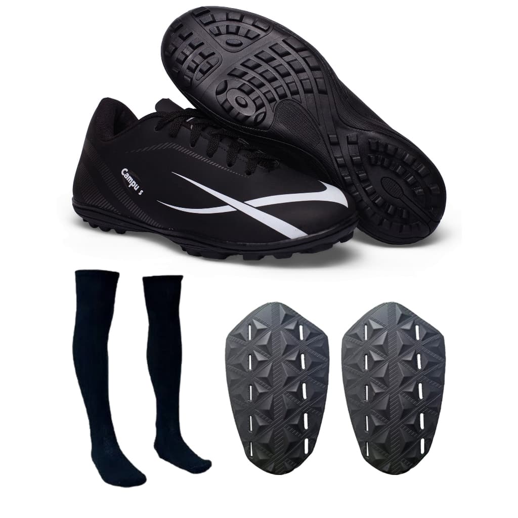 Kit Chuteira futebol Society com Meião e Caneleira para Grama Sintetica Costurada Reforçada