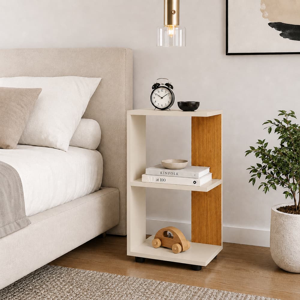 Mesa de Cabeceira 2 Andares com Prateleiras Nicho Compacta para Cama Quarto Moderno