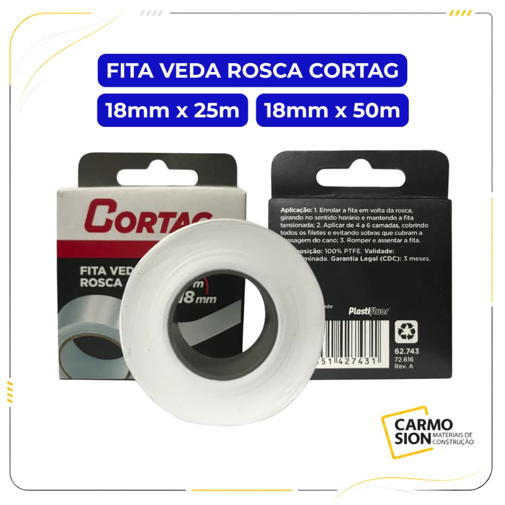 Fita Veda Rosca Cortag 18x25m 18x50m Instalações Hidráulicas Roscas Metálicas PVC Alta Qualidade