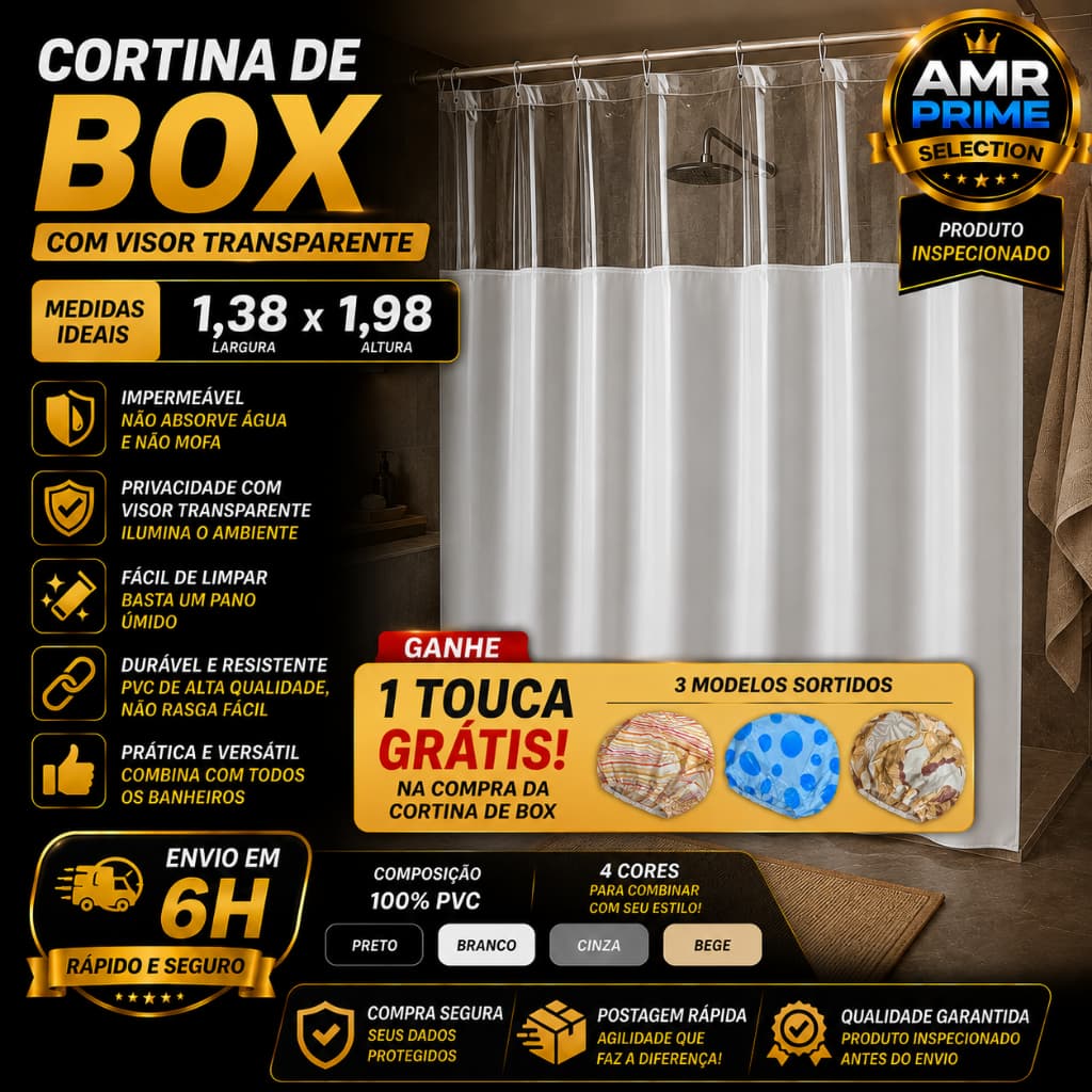 Cortina De Box Para Banheiro PVC Visor Transparente 1,38x1,98m Impermeável Antimofo com Touca De Brinde