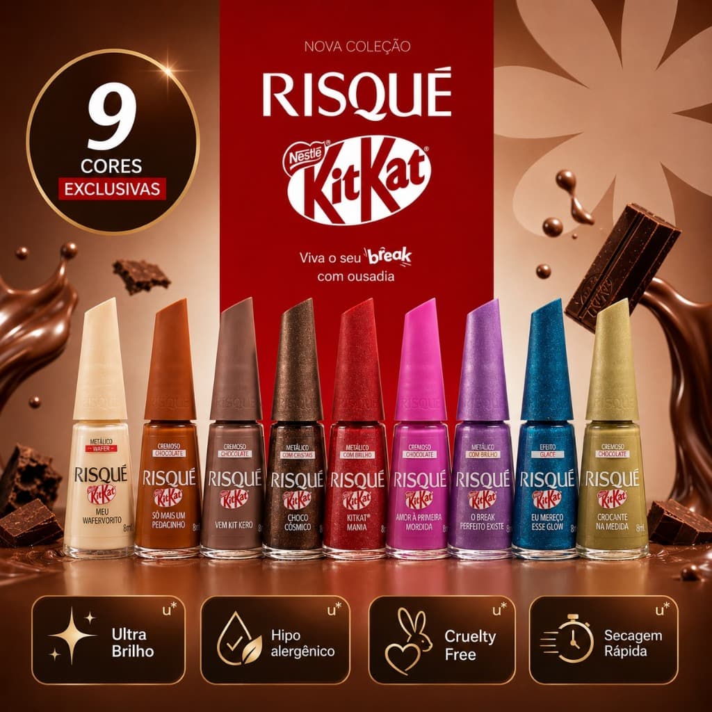 Risque KitKat Lançamento Kit 9 Cores de  Esmalte Hipoalergênico - Com cheirinho de chocolate Kit Kat