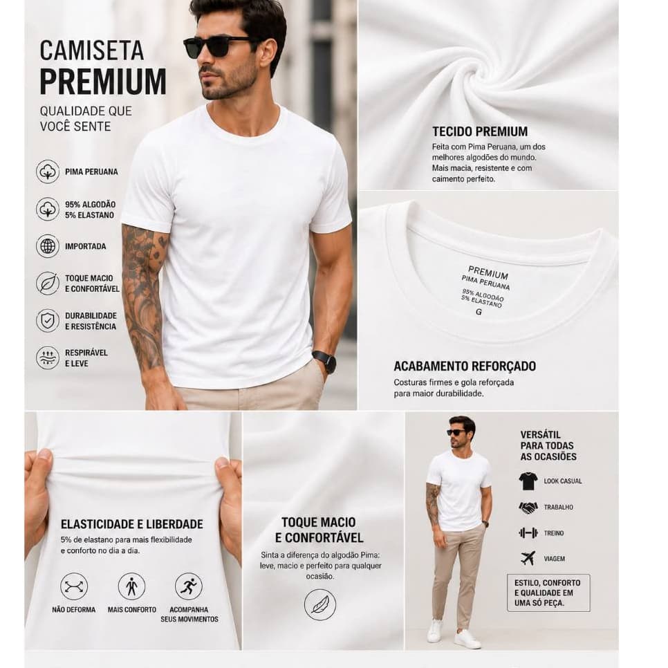 Camiseta Masculina Algodão Pima Peruano Premium Branco 5% Elastano Importada Gola Redonda