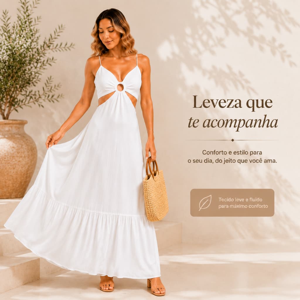 Vestido Longo Feminino Frente Torcida Recorte Charmoso Verão Confortável Fashionista Chic C/Bojo
