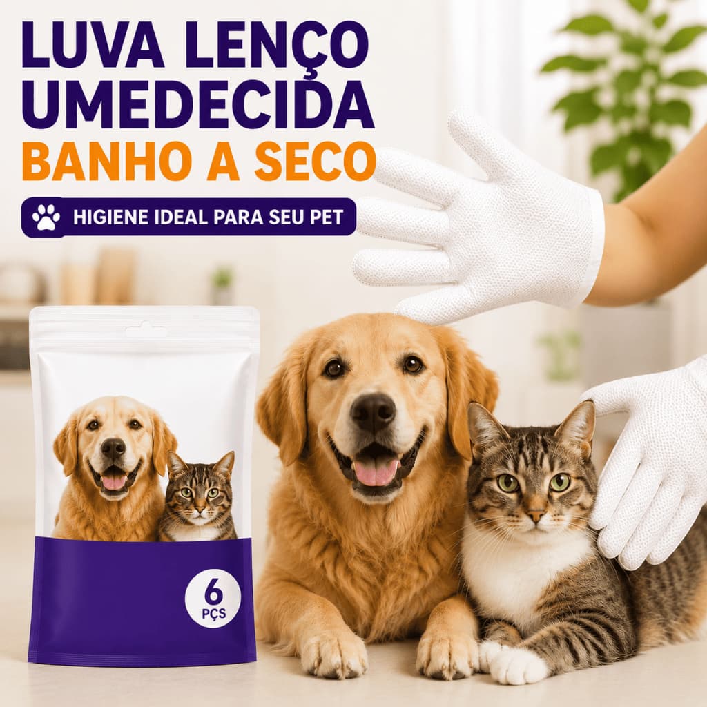 Luva Banho a Seco Pet Umedecida para Cães e Gatos Higiene e Limpeza 6 Unidades