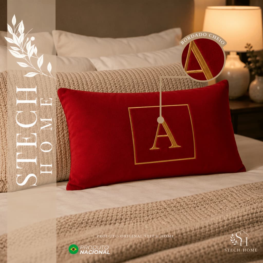 ALMOFADA DECORATIVA COM INICIAL PERSONALIZADA COM BORDADO PREMIUM SUEDE VERMELHO