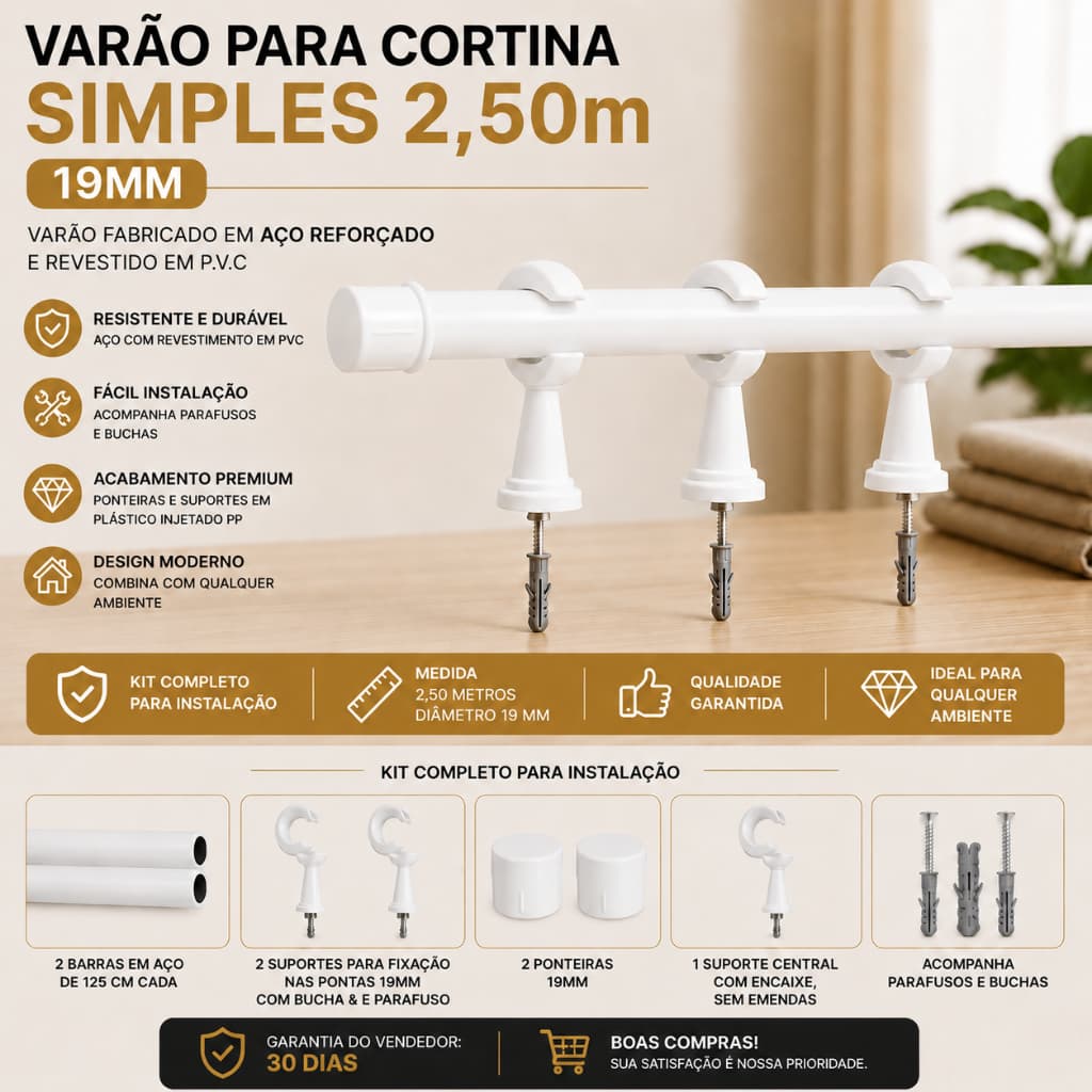 Varão Simples para Cortina 2,50 metros 19mm Feito em aço revestido em pvc para Casa Cozinha Quarto Escritorio