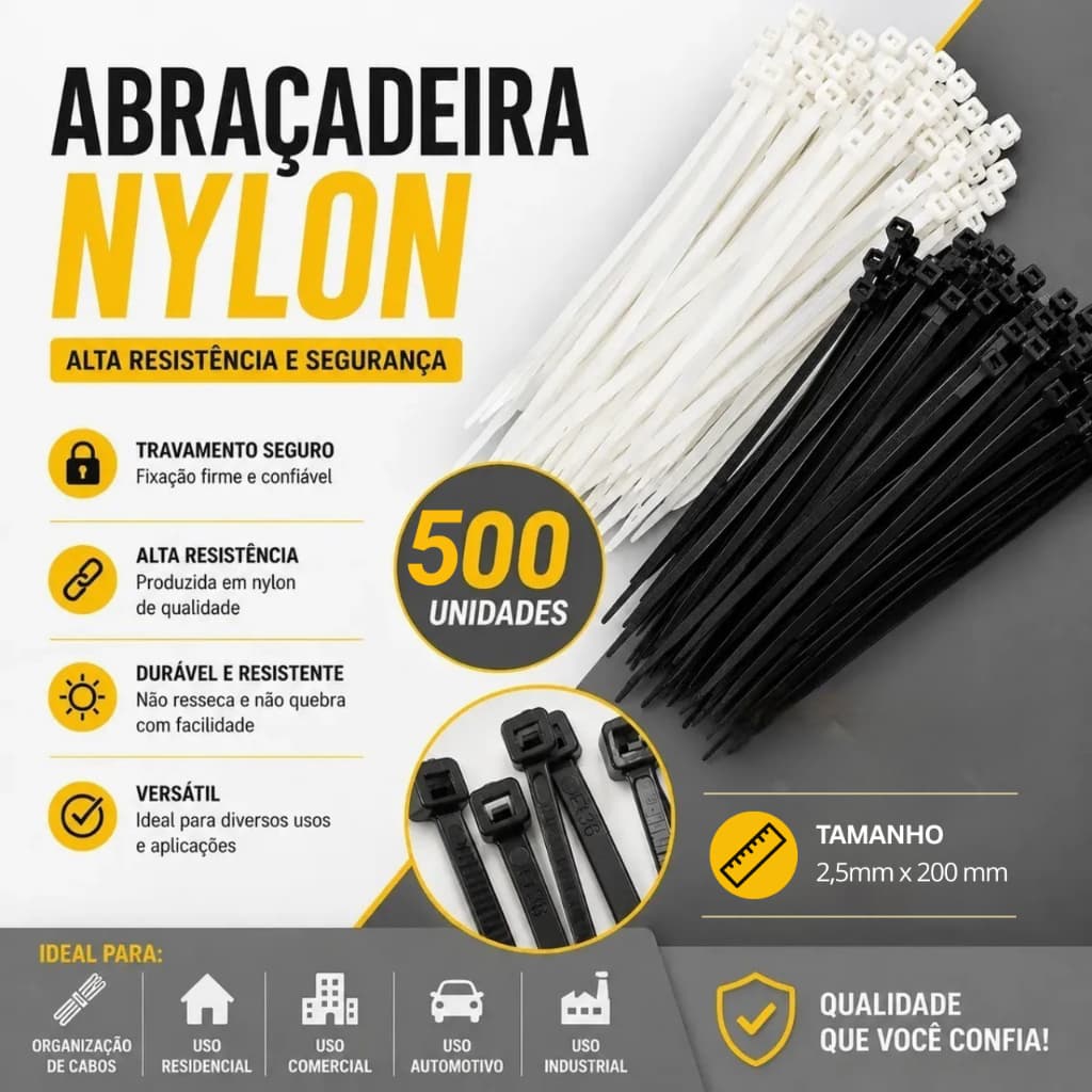 Kit 500 Abraçadeiras Nylon Enforca Gato 2,5mm x 200mm Branca Lacre Cabos Fios Alta Resistência