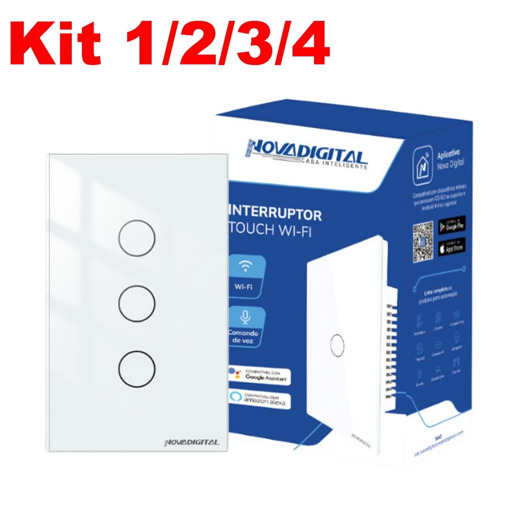 Kit 1/2/3/4 Interruptores Inteligente Smart Wifi Touch 3 Botões Alexa Google Tuya 4x2 - Branco