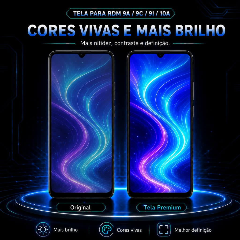 Display Tela Frontal LCD para RDM 9A 9C 9i 10A com Aro, Toque Rápido, Cores Vivas e Alta Definição