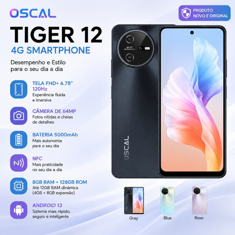Oscal Tiger 12 4G Tela FHD+ 6,78" 120Hz Câmera 64MP Bateria 5000mAh NFC Novo e Original