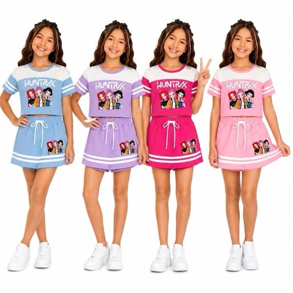 Conjunto Huntrix Infantil Menina Cropped Shorts Saia K-Pop