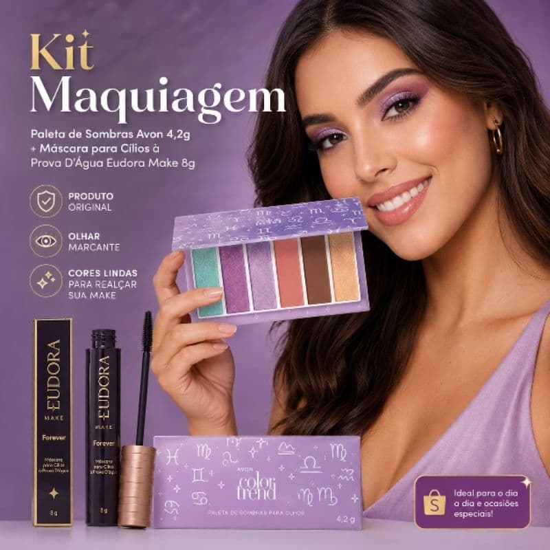 kit Paleta de Sombras Avon Color Trend Zodíaco 4,2 g + Máscara para Cílios Eudora Make Forever à Prova d’Água 8 g.