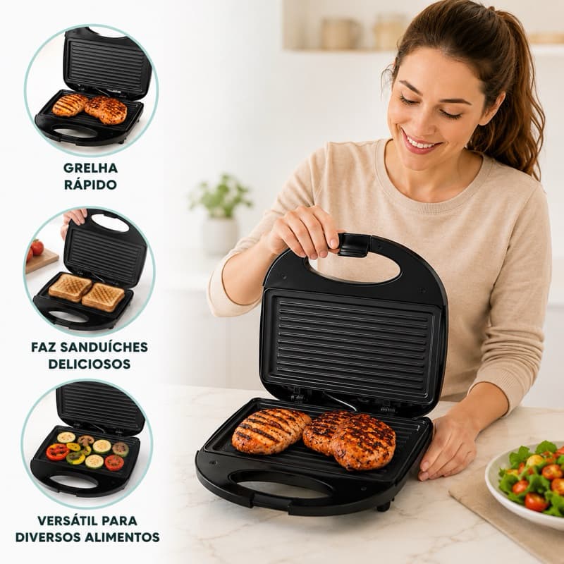 Sanduicheira Portatil Elétrica Grill Sem Oleo Compacta Antiaderente Prensa Não Gruda 110v