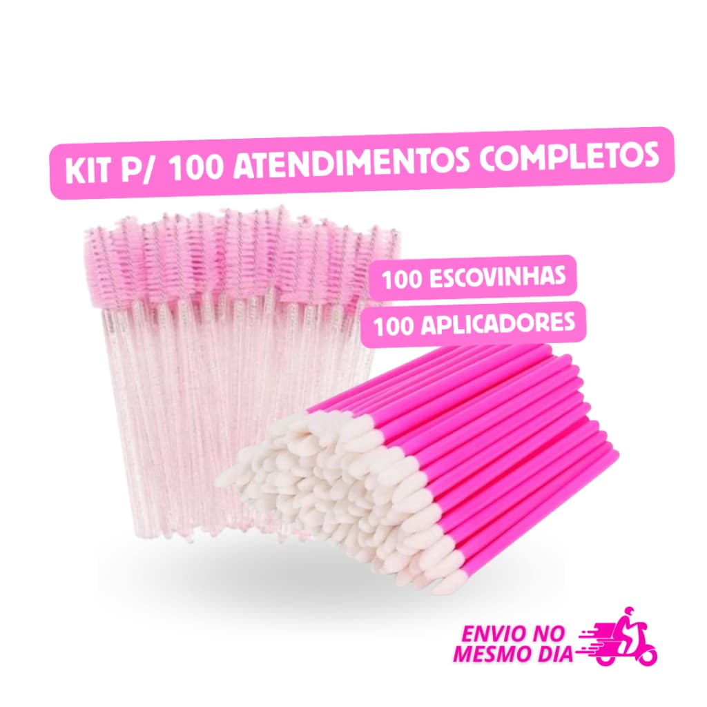 Escovinha Cílios + Aplicador Baton Gloss Kit Para 100 Atendimentos Lash Design Descartavel Sobrancelhas Fio a Fio