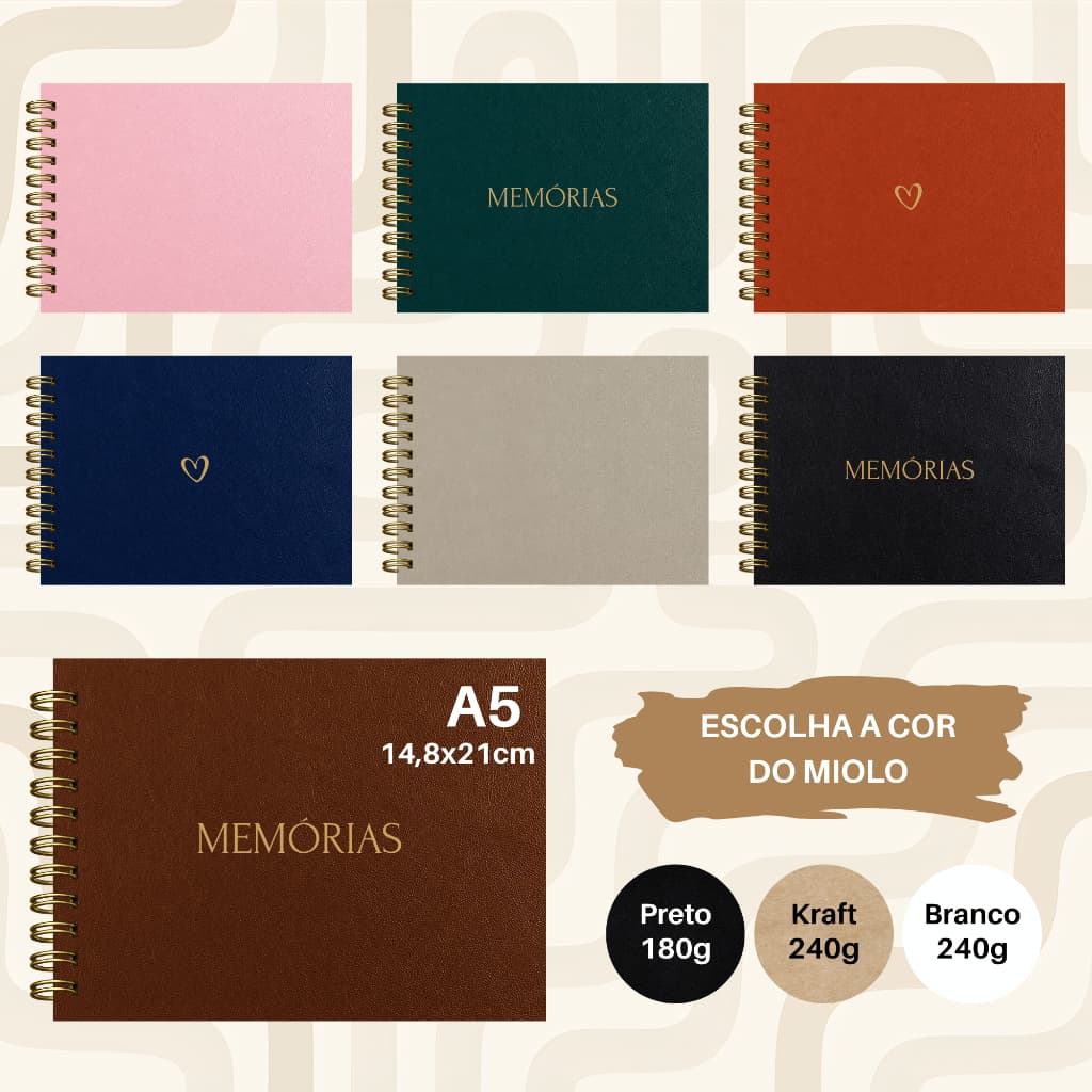 Álbum de Fotos Scrapbook - A5 (14,8x21cm) - Folhas Pretas/Brancas/Kraft