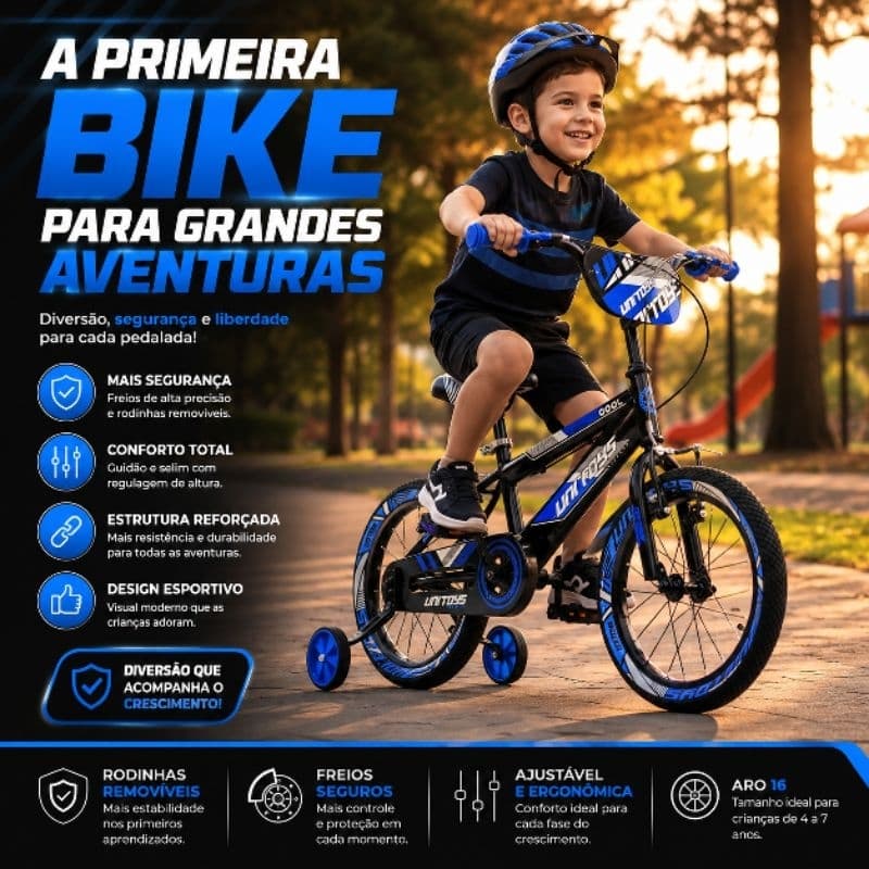 Bicicleta Infantil Aro 16 Azul com Rodinhas Removíveis Freio Seguro Guidão Regulável Bike Infantil