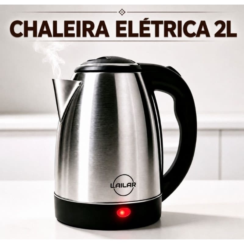 Chaleira Elétrica Inox 2 Litros Lailar 110V ou 220V – Ferve Rápido, Um Toque, Desligamento Automático