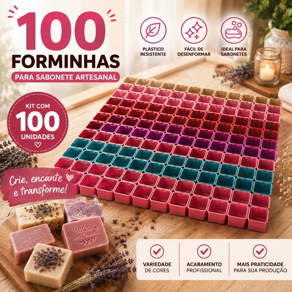 Kit 100 Formas Sabão e Sabonete Artesanal 250ml Plástico Reforçado Molde Barra Multiuso Com Tampa