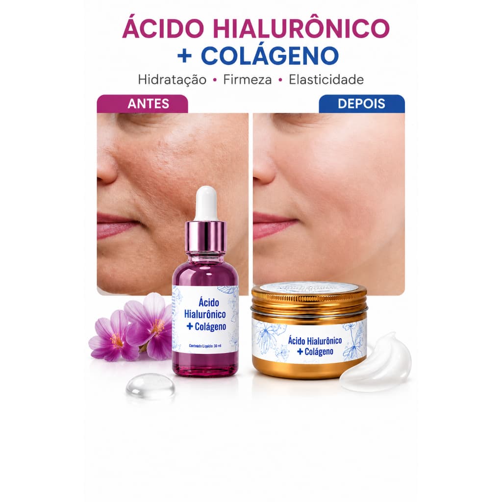 Kit Creme Facial Ácido Hialurônico  Com  Colágeno + Serum Facial Rejuvenescimento da Pele Anti-Rugas