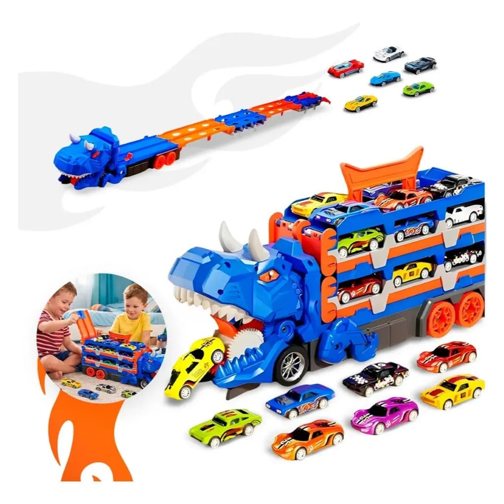 Caminhão Dinossauro Pista Corrida Com 6 Carrinhos Maleta Transporte Brinquedo Miniatura Infantil