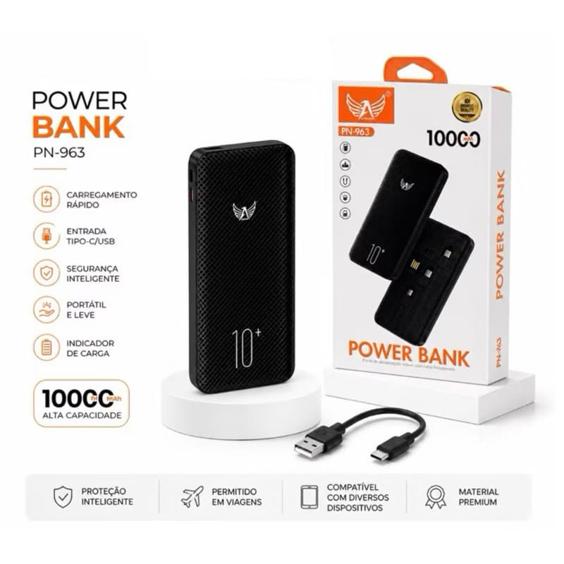 Power Bank 10.000mAh PN-963 – Carregamento Rápido com Cabos Embutidos
