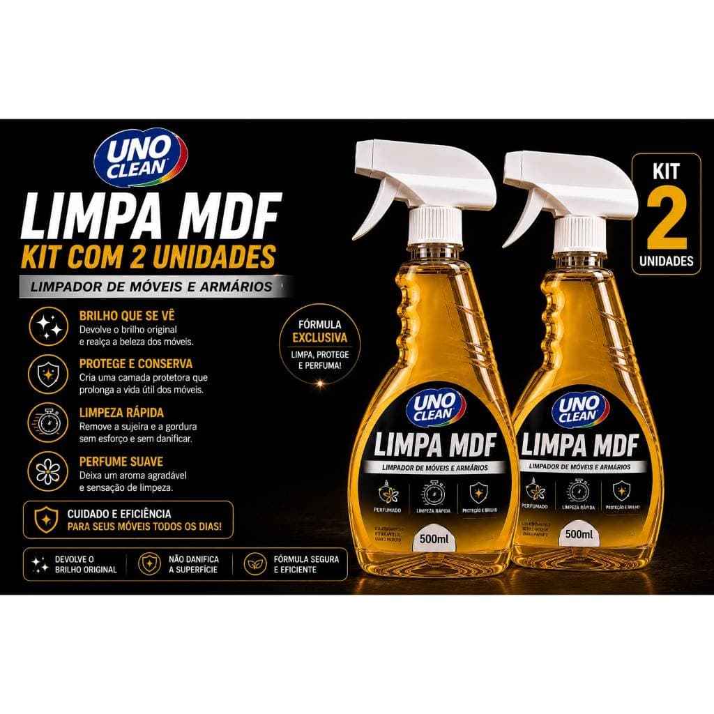 Kit com 2 Limpa MDF 500ml Spray Perfumado Limpeza Rápida Móveis Armários Remove Sujeira Gordura Não Danifica