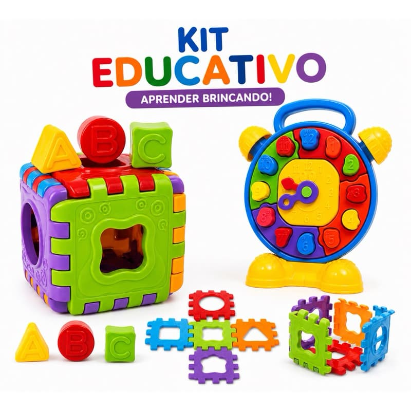 Kit Chocalho 2 Peças +0 Meses / Brinquedo Cubo Educativo Desmontável 7 Peças Letras ABC Formas Geométricas