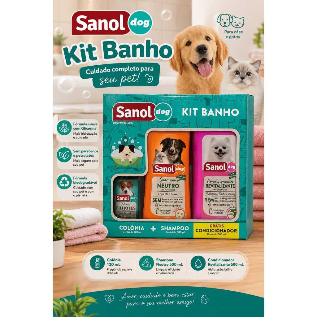 Kit Banho Sanol Dog Shampoo + Condicionador 500ml + Colônia Grátis 120ml ⭐