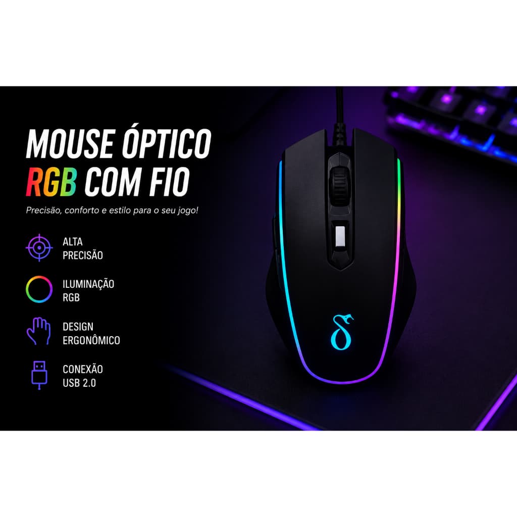 Mouse Gamer RGB Delta VM8072 USB com Fio LED RGB 7200 DPI 6 Botões Ergonômico Plug & Play