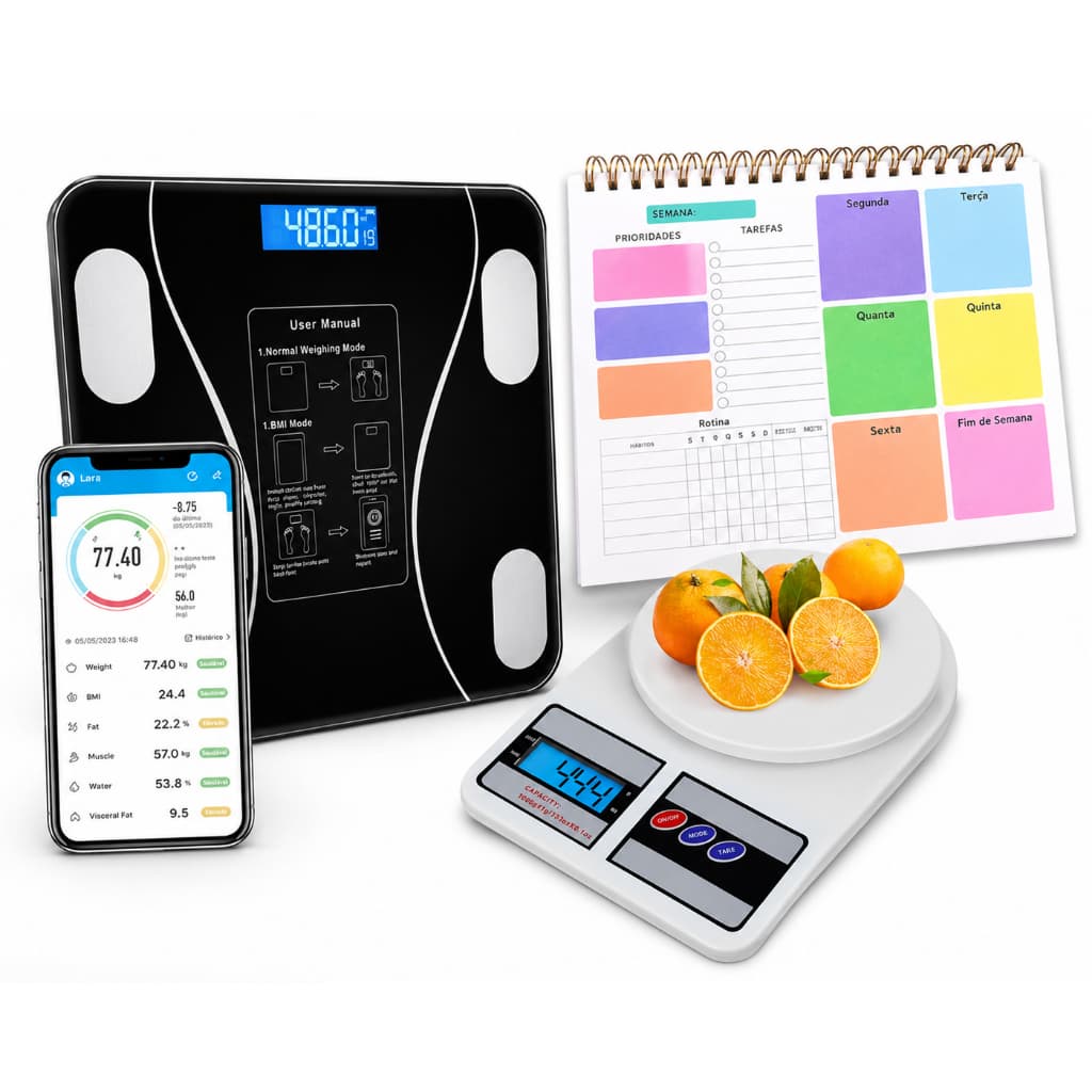 Kit Vida Saudável Premium 3 em 1 – Balança de Bioimpedância + Balança Digital de Cozinha + Planner Semanal