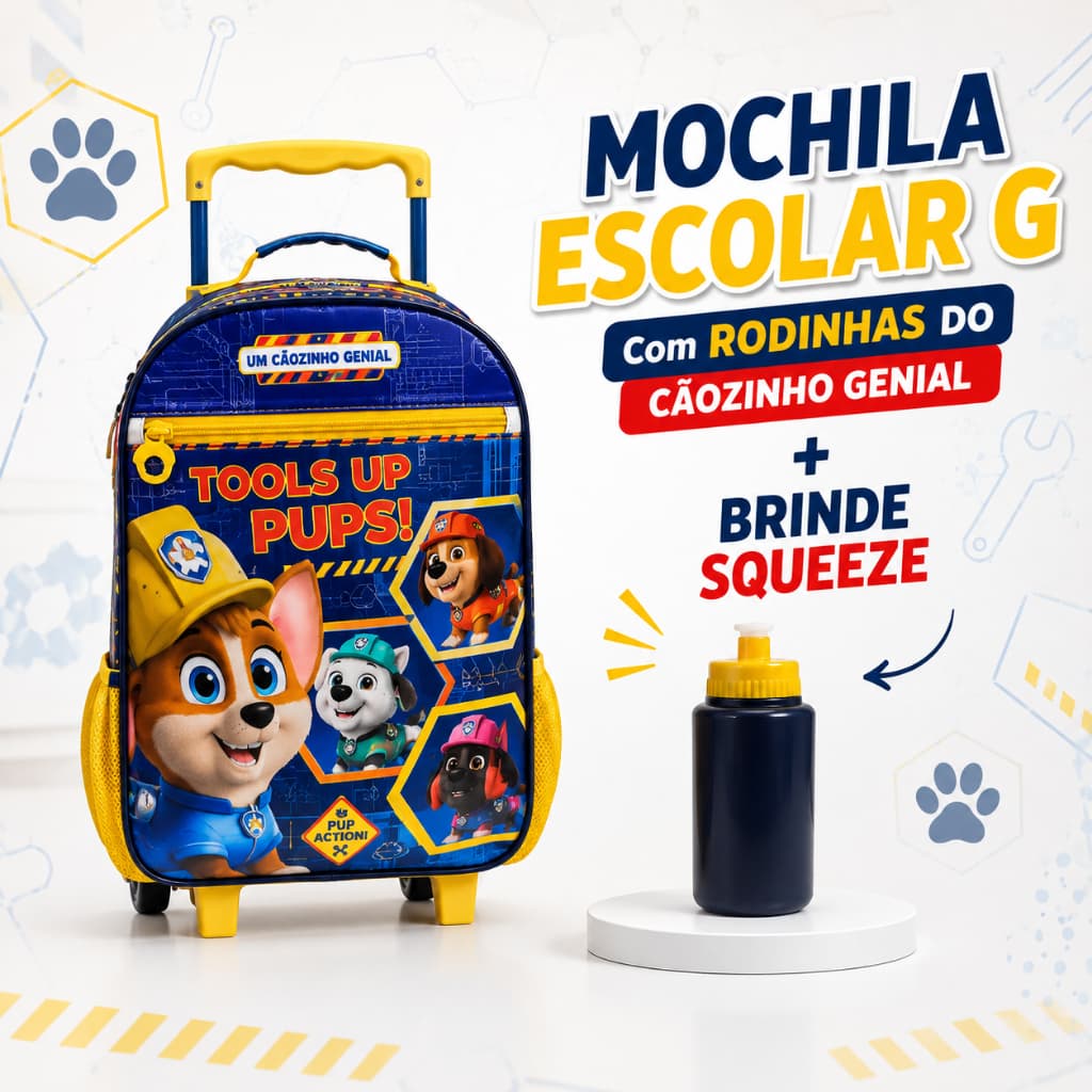 Mochila Escolar Infantil G com Rodinhas Cãozinho Genial + Brinde Squeeze Original