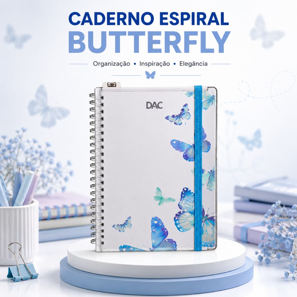 Caderno Espiral Butterfly DAC Capa Dura com Elástico e Porta Caneta Elegante para Estudos e Trabalho