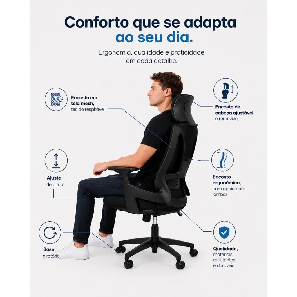 Cadeira de Escritório Presidente Leavel Ergonômica Encosto Alto em Tela Mesh Suporte Lombar, Apoio de Cabeça Ajustável