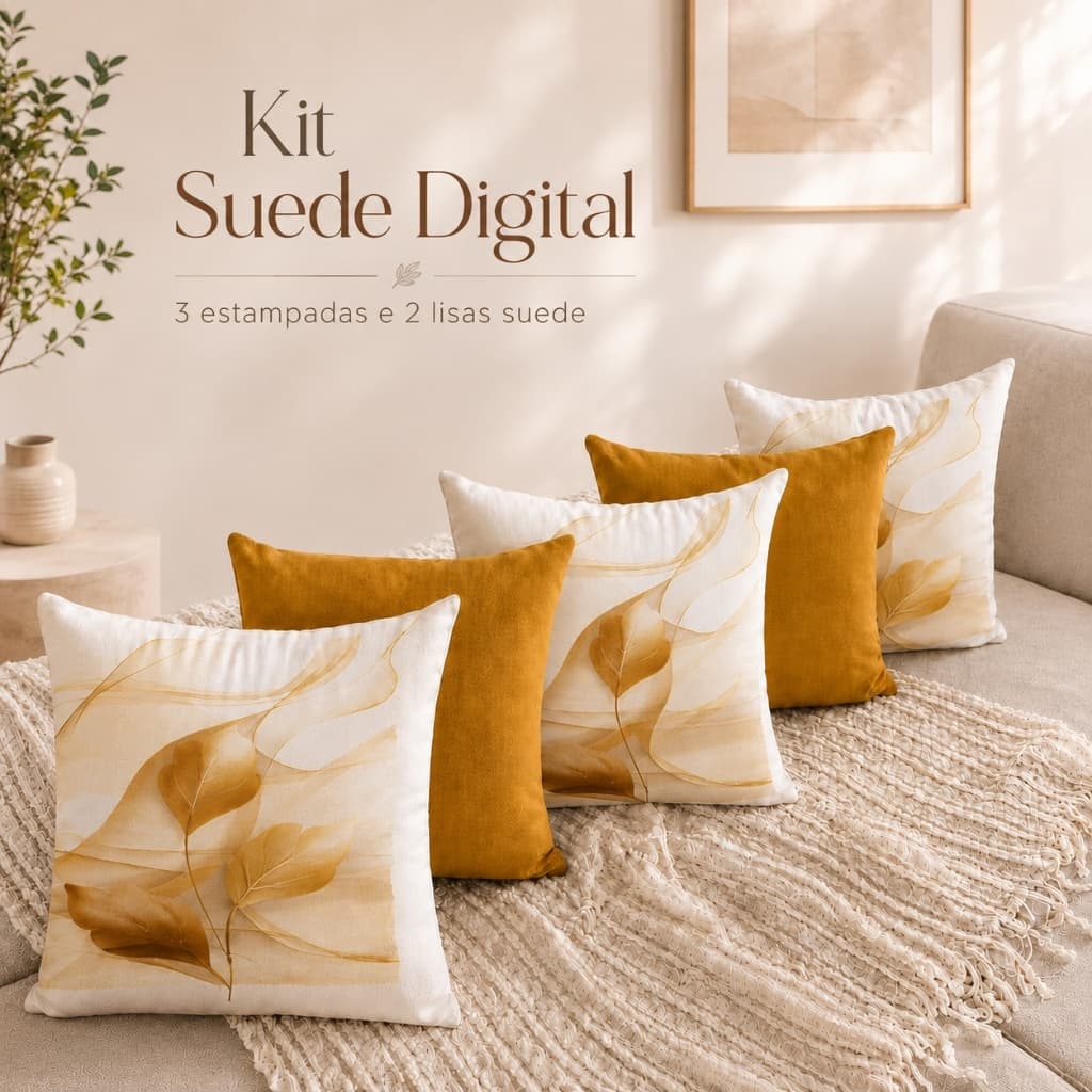 Kit 5 Capas de Almofada Decorativas 45x45cm em Suede Digital 3 Estampados e 2 Lisos