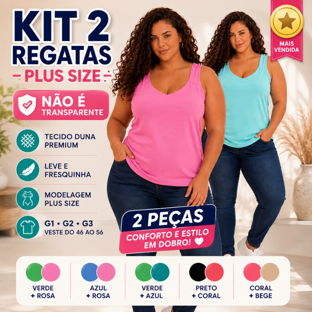 Kit 2 Regatas Plus Size Feminina Tecido Duna Não Transparente G1 G2 G3 Confortável Leve Casual