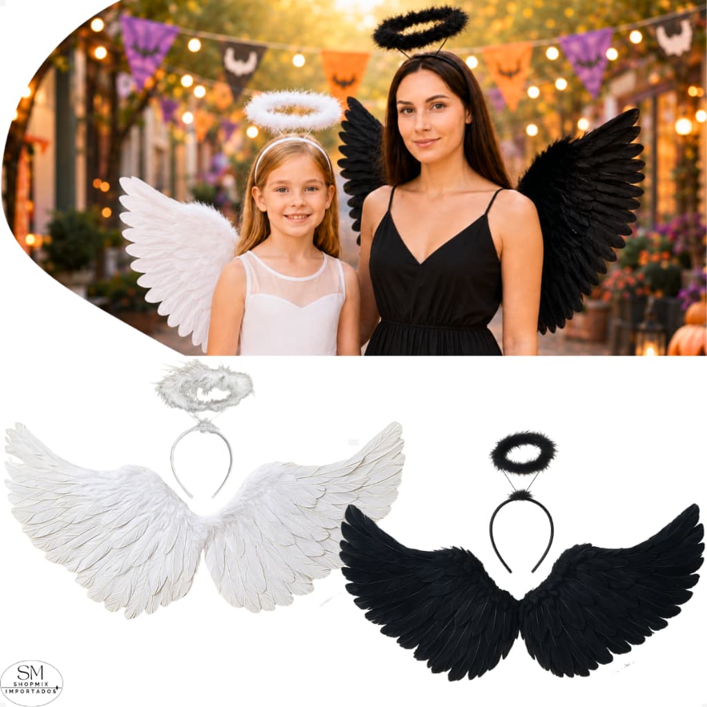 Kit Fantasia Asa Anjo + Tiara Infantil e Adulto Halloween Carnaval Festa Unissex Cosplay