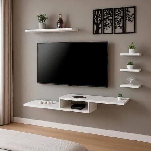 Rack Para Tv Suspenso Mdf + Kit 4 Prateleiras Nicho Sala Quarto Fácil Montar